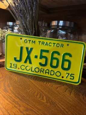 Vintage 1975 Colorado Steel GTM Tractor License Plate JX-566 - Yellow and Green